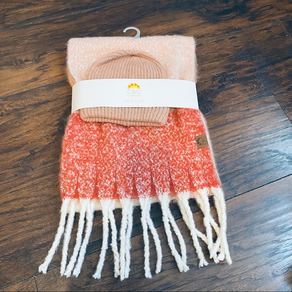 NEW C & C California Hat Beanie & Fringe Scarf Set Pink
